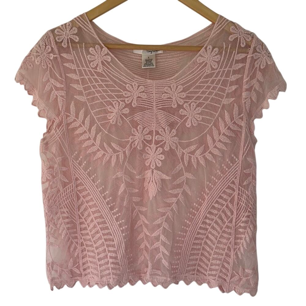 ⭐ Womens sz large pink lace sheer crochet embroidered top boho, fairy core
